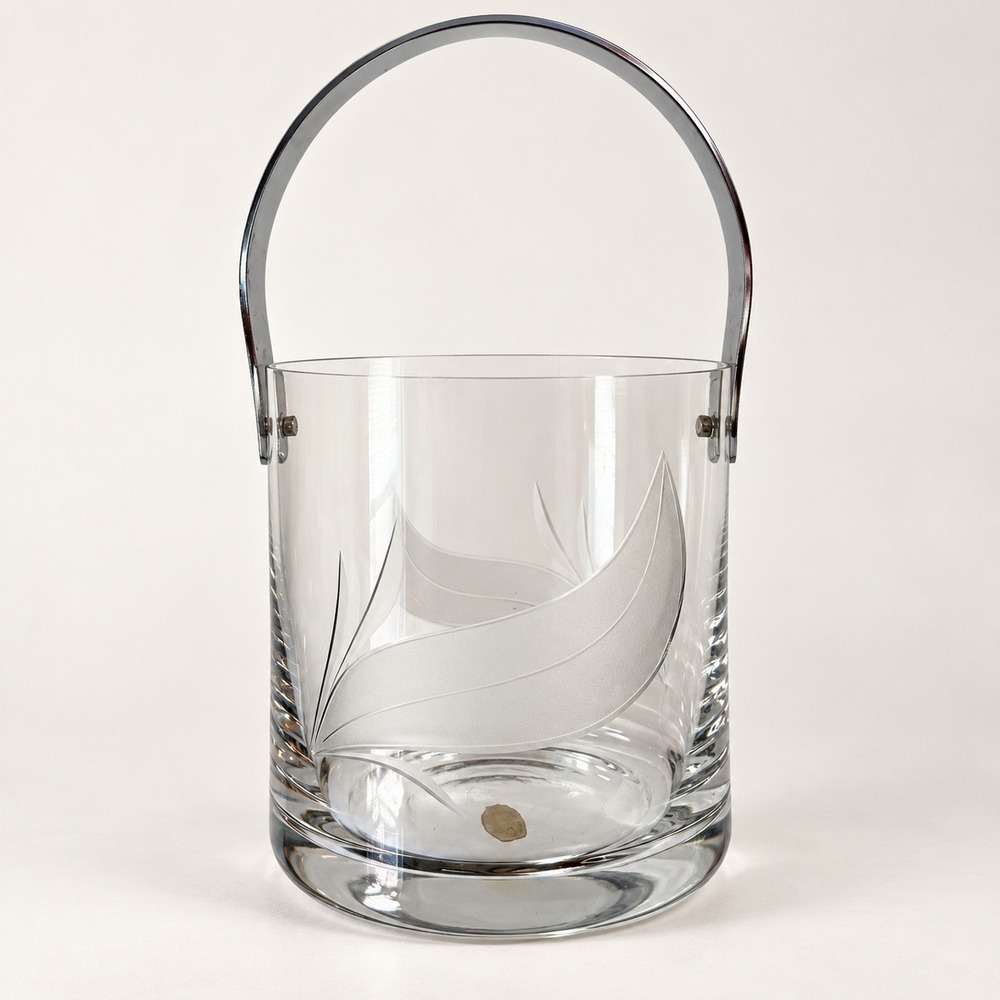 Made in Portugal Etched Glass Ice Bucket Air Bubbles Leaf Barware Vintage 5in